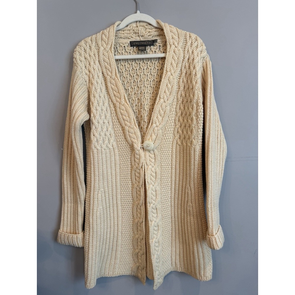 Inis Crafts Cardigan Sweater Sz Lg Ivory Merino Wool Fisherman Cable  Collar